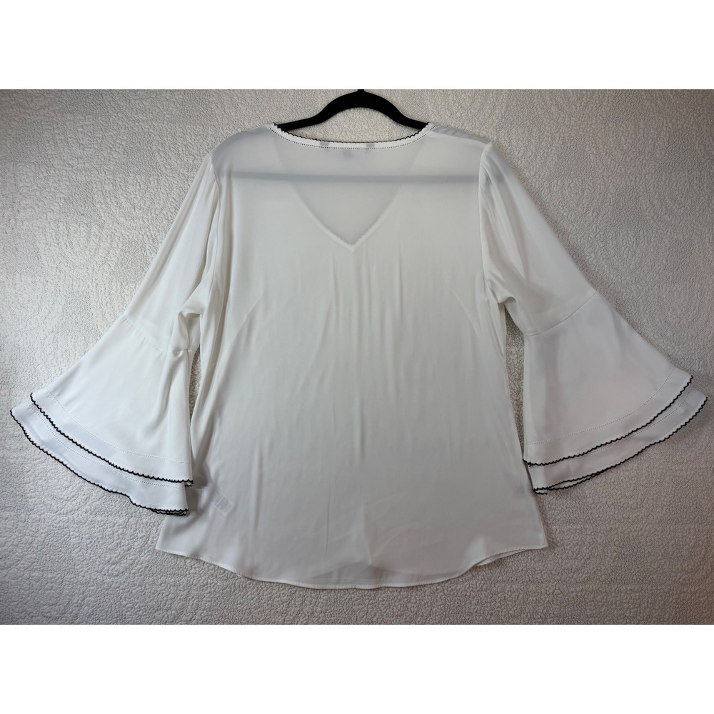 White House Black Market Ric Rac Trim Tiered Bell Sleeve V-Neck Blouse White 10 - Picture 8 of 8